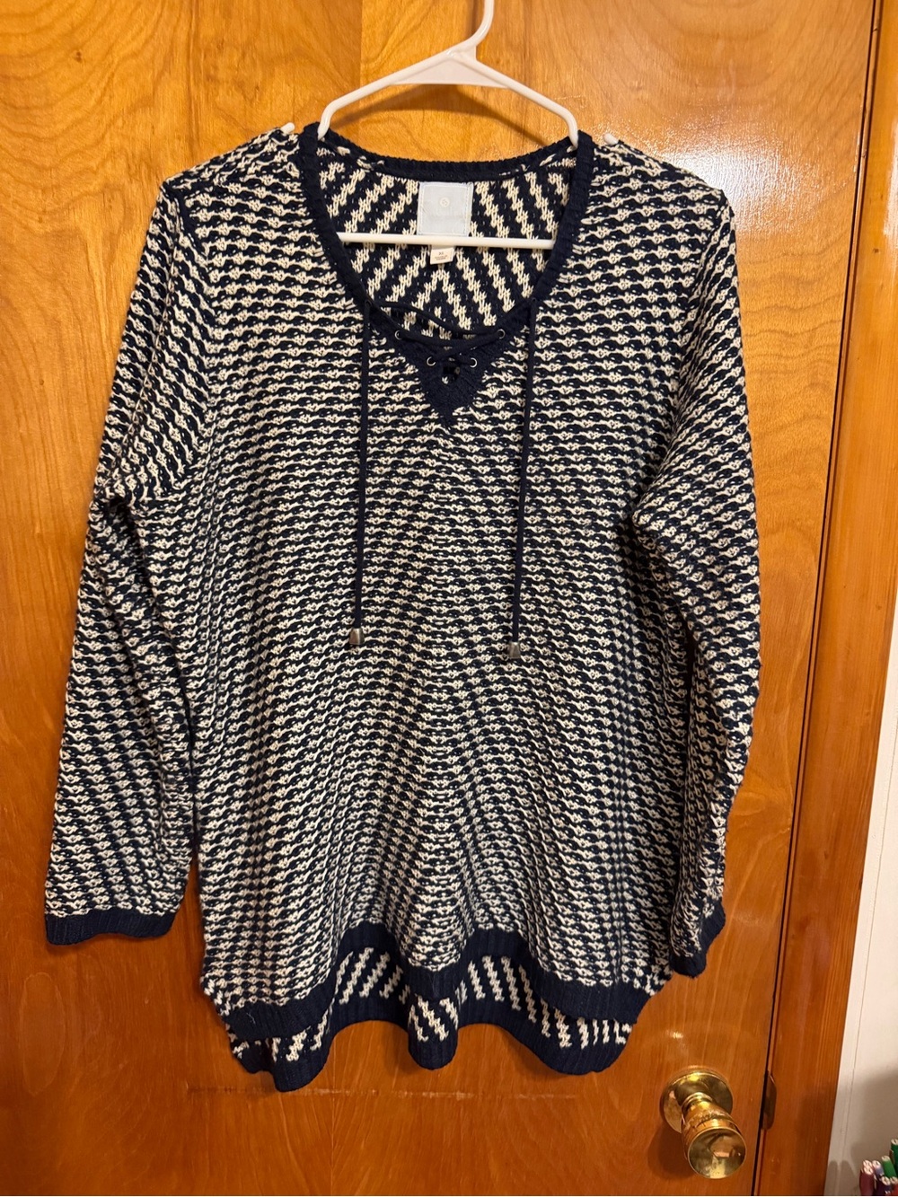 Sunday Navy and White Lace-Up V-Neck Knit Sweater